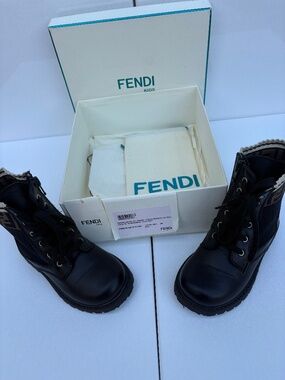 Fendi Kids FF Logo Leather Combat Biker Boots Black Size 26